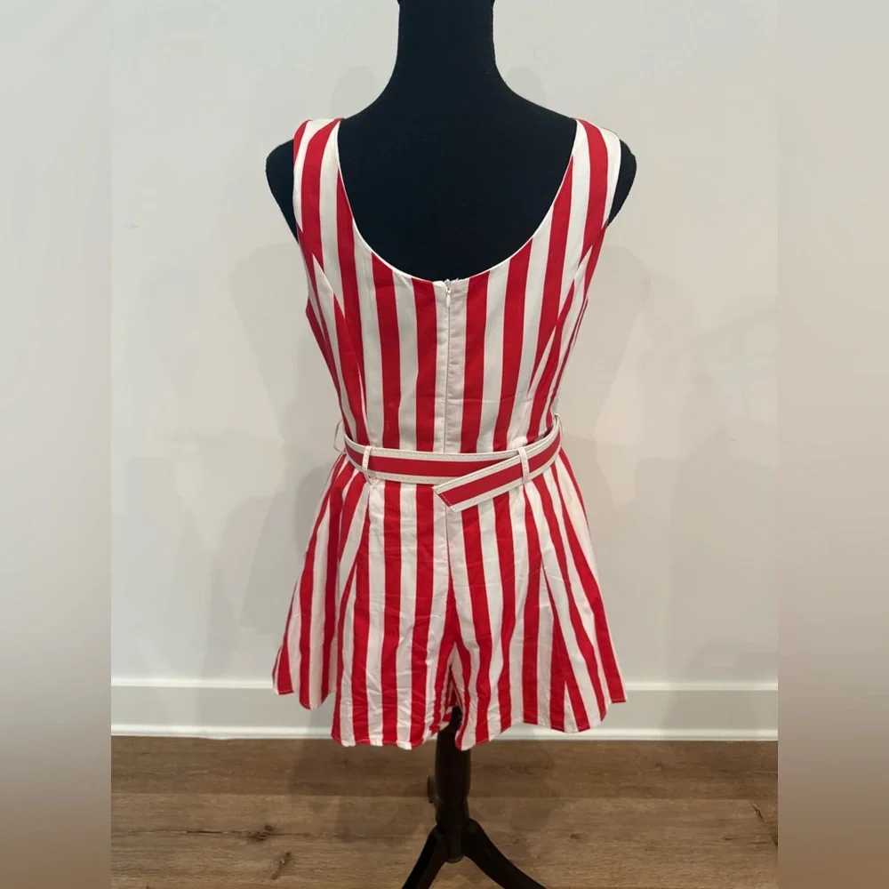 Striped Red & White Sleeveless Belted Romper - Picture 3 of 4